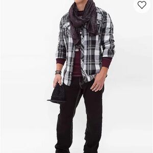 BKE Buckle Mens Shirt L Black Gray White Plaid Pearl Snaps Athletic Fit Western